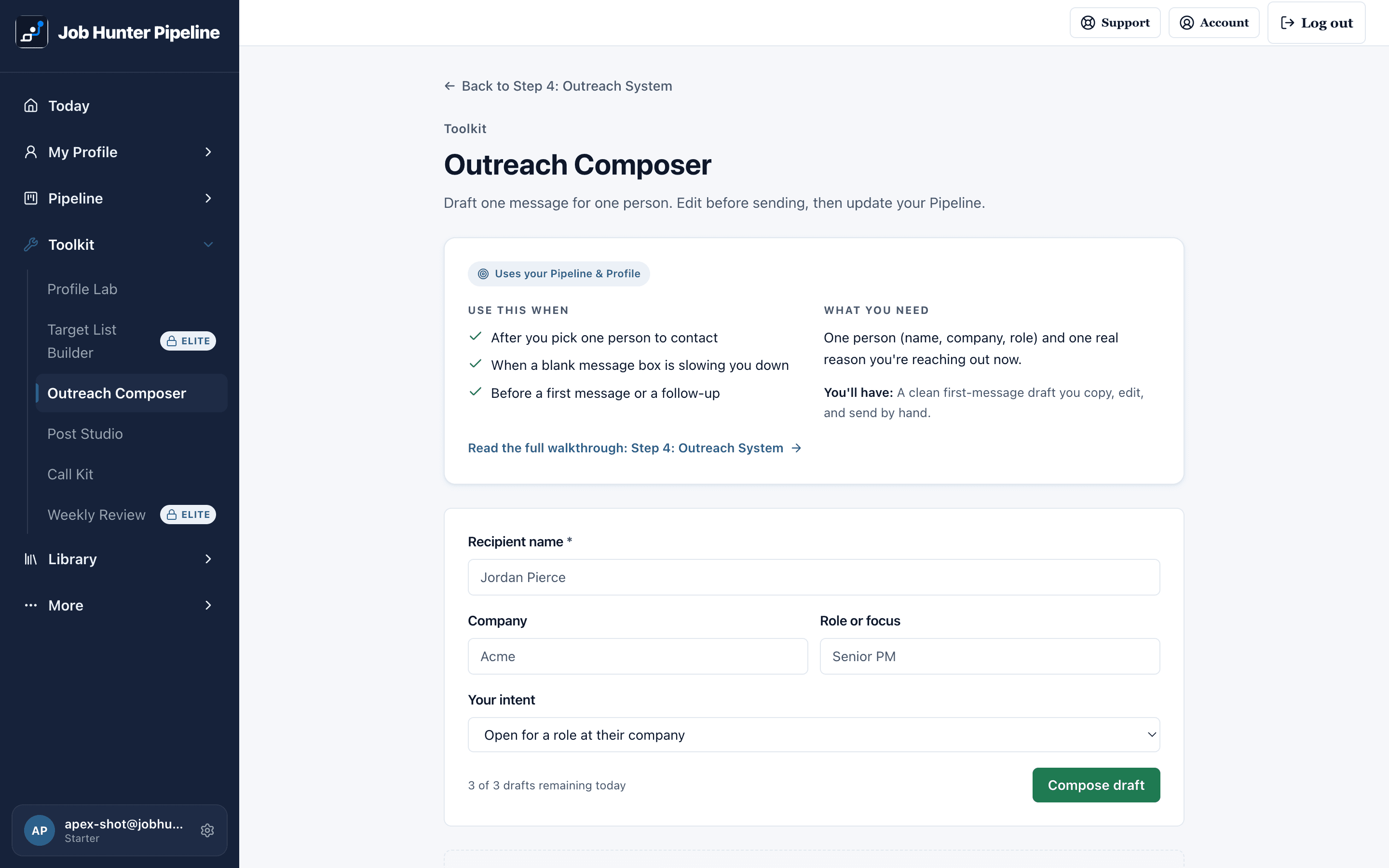 Outreach Composer in the member area